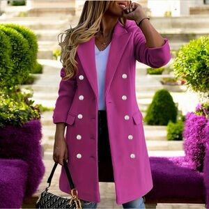 Chic Double-breasted Lapel Collar PINK Overcoat,Elegant Mid-length Coat